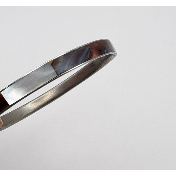 Vintage Mother of Pearl Inlay Bangle Bracelet Silver Tone Boho - Picture 6 of 7